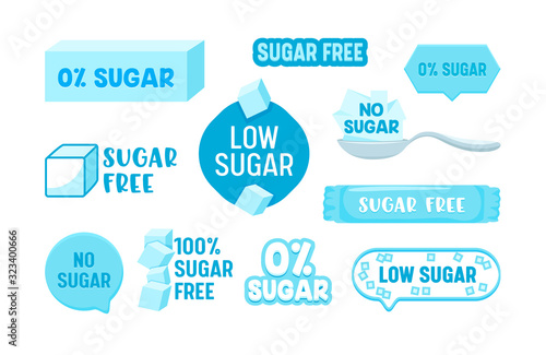 Set of 100 Percent Zero Sugar Free Icons, Badges or Banners, Healthy Food, Low Carb Nutrition, Product, Stickers with Typography Isolated on White Background, Design Elements Vector Illustration