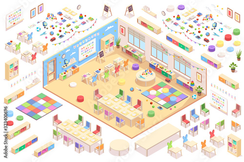Kindergarten interior constructor, isometric vector elements of furniture, education supplements and toys. Kindergarten isometry cross-section details of playroom table, chair, blackboard and shelves