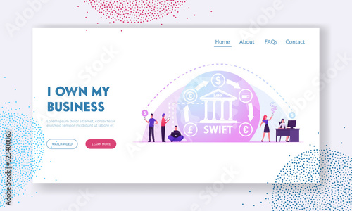 Swift, Society Worldwide Interbank Financial Telecommunication Website Landing Page. Banking Web Network Pay System, Finance Digital Technologies Web Page Banner. Cartoon Flat Vector Illustration