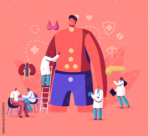 Endocrinology, Hormone Diseases and Disbalance Concept. Medicine and Biology Endocrine System Branch. Doctors and Patient Behavioral or Comparative Treatment Research. Cartoon Flat Vector Illustration