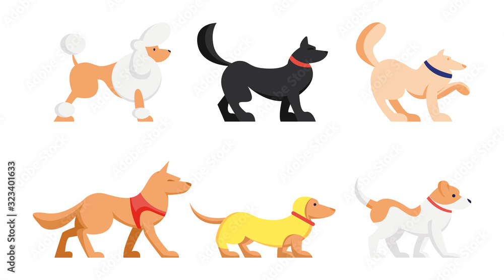 Set of Cute Dogs of Different Breeds Isolated on White Background. Poodle, Dachshund and Husky Pets, Group of Animals Side View. Funny Cartoon Characters, Flat Vector Illustration, Icon, Clip Art