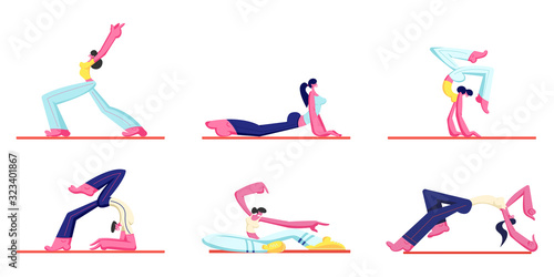 Set of People Workout. Young Athletic Man and Women Wearing Sports Clothing Doing Gymnastic, Fitness and Yoga Exercises on Mats. Healthy Lifestyle Activity, Sport Cartoon Flat Vector Illustration