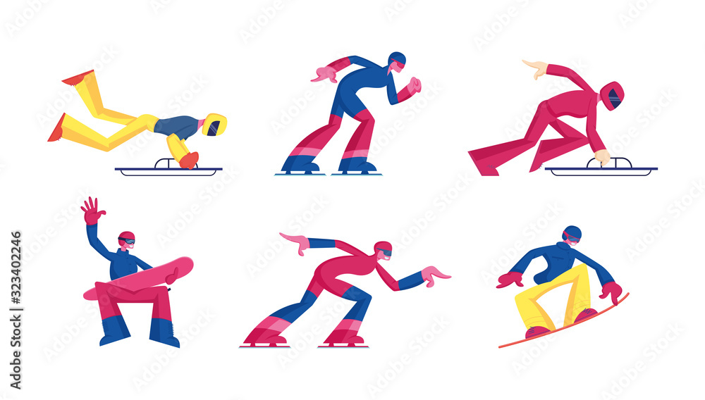Set of Winter Sport Activities Skeleton, Skating and Snowboarding Competition. Professional Sportsmen in Uniform and Helmets Championship, International Tournament Cartoon Flat Vector Illustration Set of Winter Sport Activities Skeleton, Skating and Snowboarding Competition. Professional Sportsmen in Uniform and Helmets Championship, International Tournament Cartoon Flat Vector Illustration