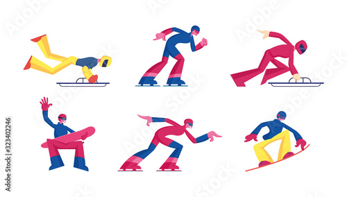 Set of Winter Sport Activities Skeleton, Skating and Snowboarding Competition. Professional Sportsmen in Uniform and Helmets Championship, International Tournament Cartoon Flat Vector Illustration