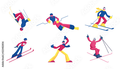 Set of Sportsmen Freestyle Skiing Jump. Winter Sport Activity Combine Skiing and Acrobatics Stunts. Aerialist Skiers Making Somersault Extreme Tricks over Springboard Cartoon Flat Vector Illustration