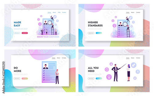 Kyc, Know Your Customer Process, Business Verifying of Clients Identity Website Landing Page Set. Businesspeople Learn Customer Profile, Human Resource Web Page Banner Cartoon Flat Vector Illustration