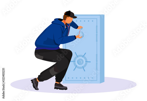 Thief breaking into safe flat color vector faceless character. Safecracker, safebreaker. Cracksman with stethoscope. Burglar guessing combination. Man breaking lock. Isolated cartoon illustration