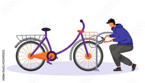 Fototapeta Naklejka Na Ścianę i Meble -  Guy stealing bicycle attached to bike rack flat color vector faceless character. Bike theft. Thief cutting cycle lock buy bolt cutter. Isolated cartoon illustration
