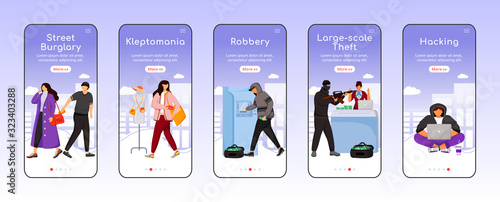 Criminal acts onboarding mobile app screen flat vector template. Property, money theft. Robbery. Walkthrough website steps with characters. UX, UI, GUI smartphone cartoon interface, case prints set