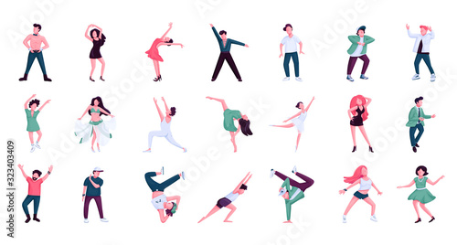 People dancing flat color vector faceless characters set. Ballet  hip hop male and female dancers. Historical and contemporary dance styles isolated cartoon illustrations on white background
