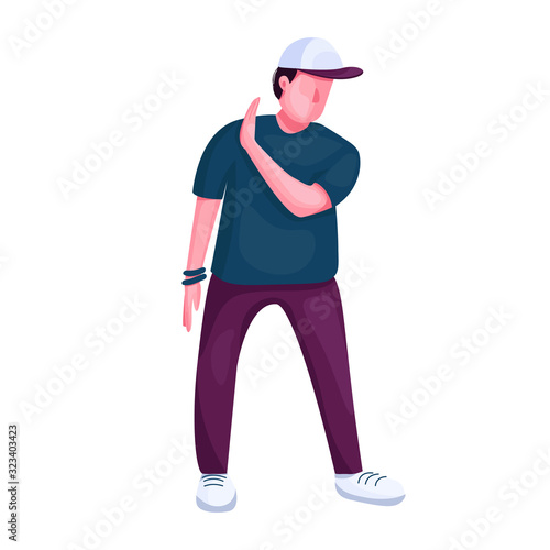Teenager dancing flat color vector faceless character. Stylish guy showing refuse gesture. Modern break dance performer isolated cartoon illustration for web graphic design and animation