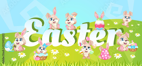 Easter spring holiday word concepts flat color vector banner. Adorable rabbits. Isolated typography with tiny kawaii bunnies cartoon characters on meadow grass background. Pascha creative illustration © The img