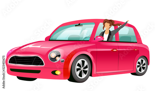 Girl driving pink mini cooper flat color vector faceless character. Smiling young lady in car isolated cartoon illustration for web graphic design and animation. Happy woman on road trip