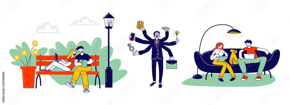 Selfemployment and Multitasking Concept. Relaxed People Freelancers Sitting at Home and Outdoors Working Distant on Laptop. Busy Businessman with Many Hands Cartoon Flat Vector Illustration, Line Art