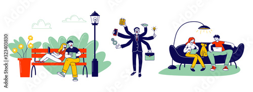 Selfemployment and Multitasking Concept. Relaxed People Freelancers Sitting at Home and Outdoors Working Distant on Laptop. Busy Businessman with Many Hands Cartoon Flat Vector Illustration  Line Art