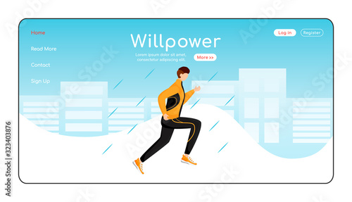 Willpower landing page flat color vector template. Athlete homepage layout. Wet weather one page website interface with cartoon character. Male in sportswear and sneakers web banner, webpage