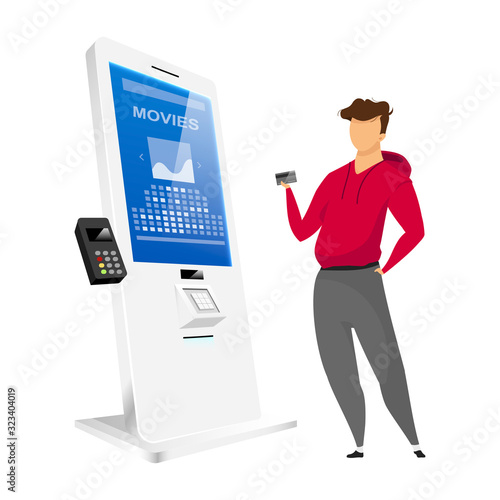 Man buying ticket flat color vector faceless character. Cinema self order kiosk isolated cartoon illustration on white background. Interactive sensor panel with terminal. Payment technology