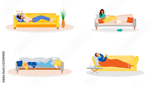 Lying on couch flat color vector faceless characters set. Sick people resting on sofa. Unwell man. Ill woman. Weakness from flu. Disease symptoms isolated cartoon illustrations on white background