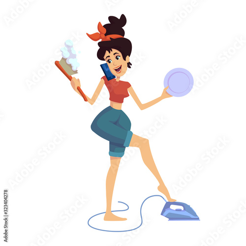 Housewife flat cartoon vector illustration. Woman doing housework. Gemini zodiac sign personality. Ready to use 2d character template for commercial, animation, printing design. Isolated comic hero