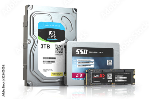 Hard disk drive hdd, solid state drive ssd and ssd m2 isolated on white.  Set of different data storage devices. photo