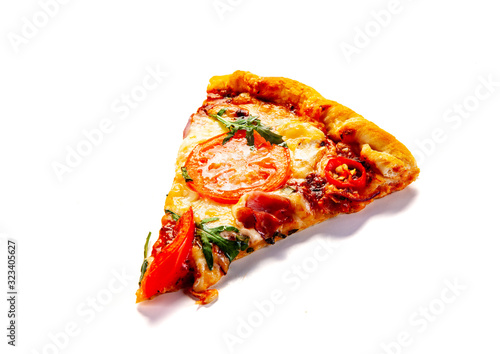 Slice of margherita pizza on white background