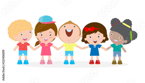 Group of happy children holding hands. Friendship concept Isolated on white background.