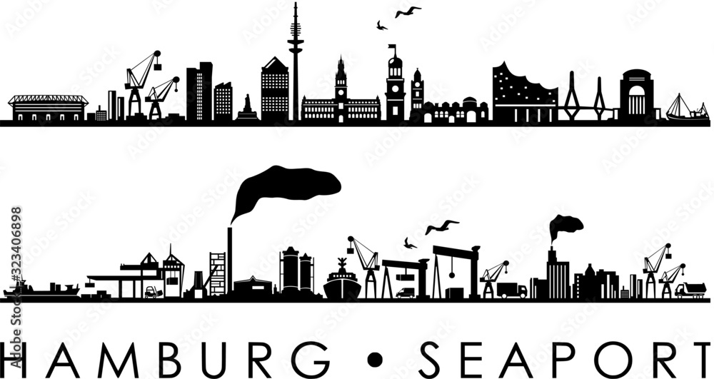 Hamburg City Seaport Skyline Outline Silhouette Vector