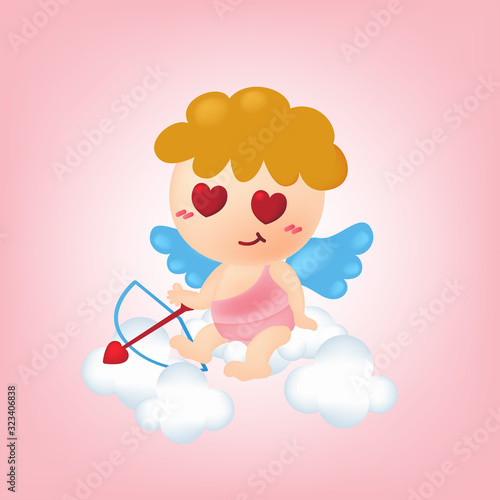 Valentine day greeting card. Cute cupid sitting on cloud with an arrow of love. Character design.