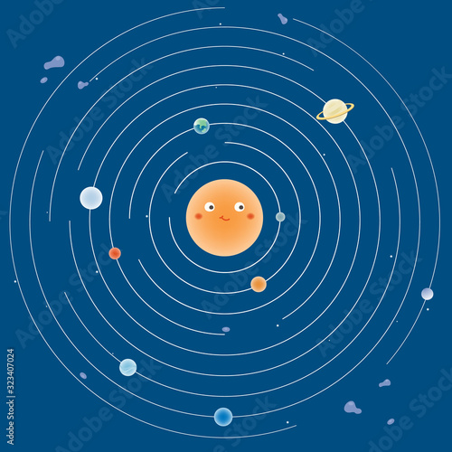 Vector illustration. Cute Solar system with The sun and planets on blue background.