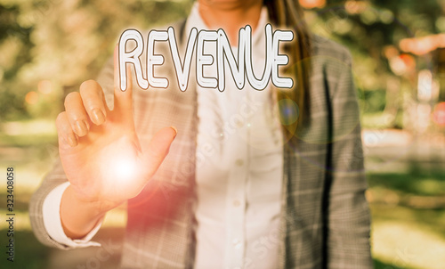 Word writing text Revenue. Business photo showcasing total amount of income generated by the sale of goods or services Business woman in the nature pointing with the finger into empty space