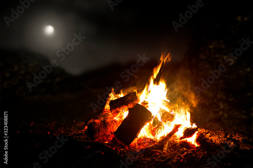 Campfire and free space for your decoration.Dark mood photo. 