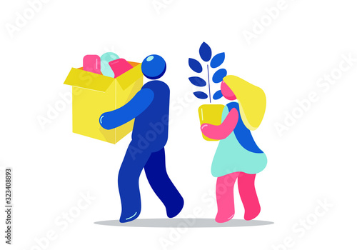 Couple holds packed personal belongings in boxes for moving. Cartoon style.Modern flat vector illustration. Couple or volunteers holding cardboard boxes