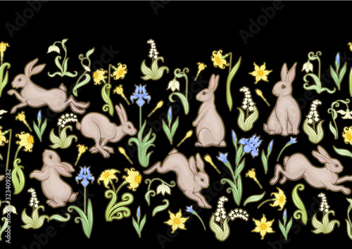 Seamless pattern  ackground with spring flowers and rabbits  hares. Colored vector illustration.