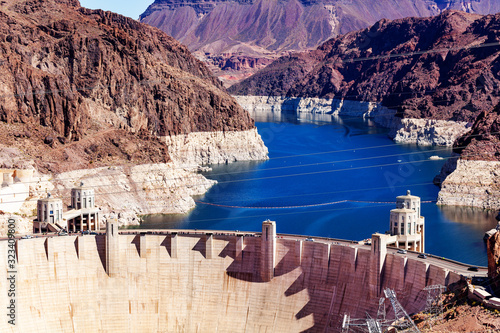 Hoover Boulder Dam constructed in the Black Canyon of the Colorado river on Nevada Arizona border from Mike O'Callaghan Pat Tillman Memorial Bridge