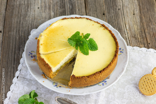 rhubarb cheesecake with mint leaves from above