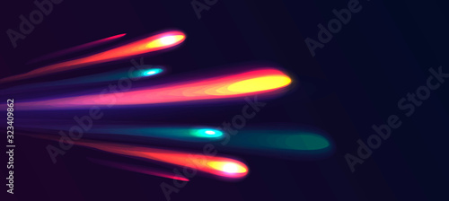 Neon Light Rays burst from one point into many sparkling comet lights