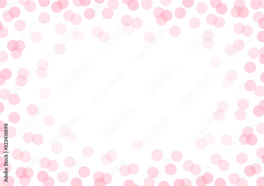 Vector polka dot horizontal frame with flat candy pink transparent overlapped circles. Festive party background. Modern hipster happy birthday backdrop with round shapes
