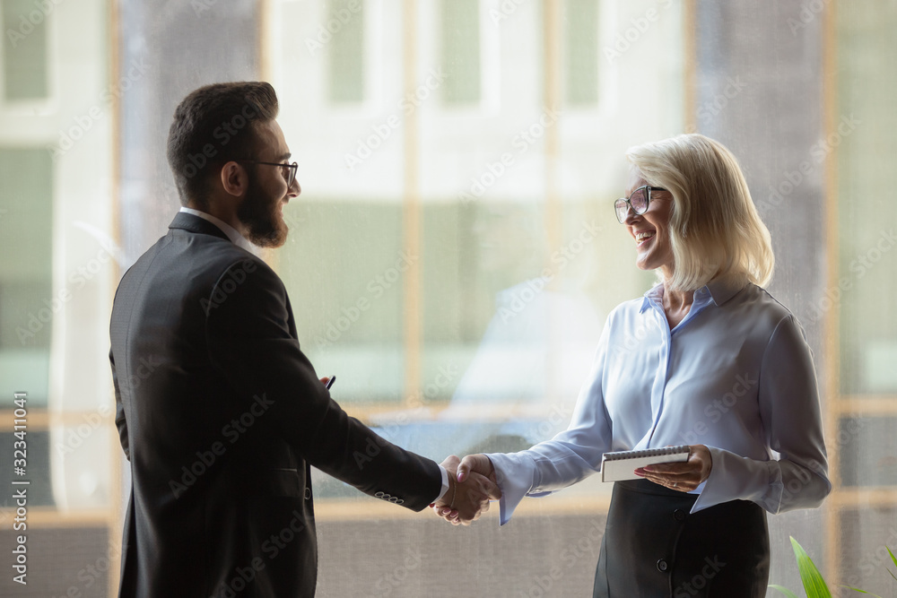 Businesswoman and businessman shaking hands at first meeting indoors