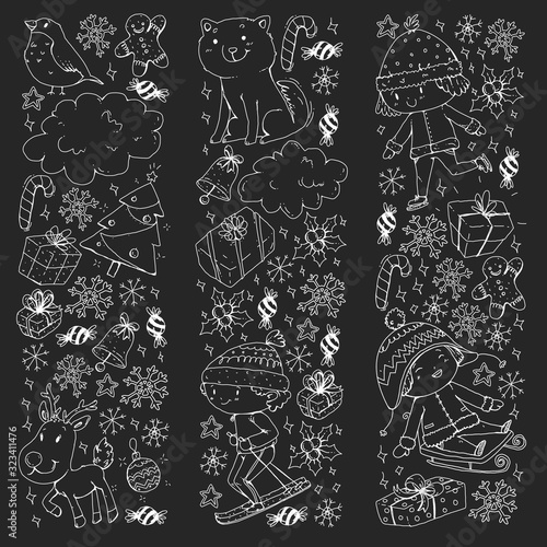 Christmas pattern with little children. Santa Claus and snowman. Ski, sledge, ice skating.