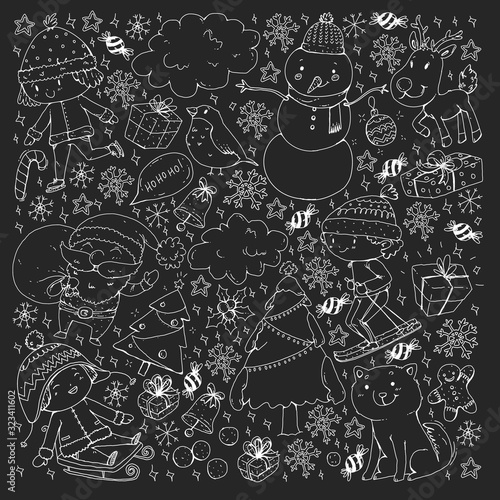 Christmas pattern with little children. Santa Claus and snowman. Ski, sledge, ice skating.