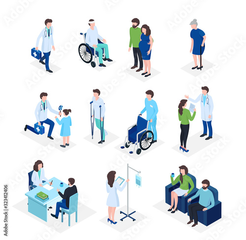 Isometric doctors and patients medical healthcare, medicine insurance in hospital, medics staff flat 3d vector illustration. Elder people, patient on wheelchair, kids with doctor and pregnant health.
