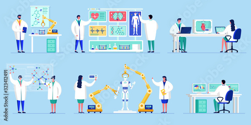 Innovation in science technology, people work in novative laboratory with artificial intelligence research vector illustration. Scientists in innovative lab in genetic and robotic engineering.