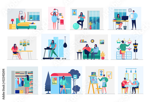 Woman daily routine in everyday life vector illustration set. Active girl normal day routing lifestyle schedule waking and shower, exercise, office and shopping route, art creation and meeting friend.
