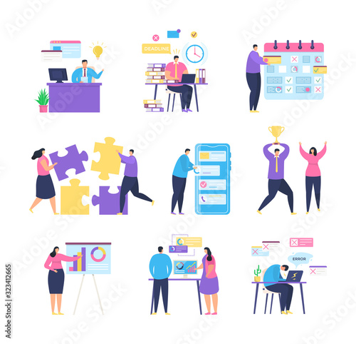 Business task management with people team vector illustration. Man and woman discussing tasks, placing sticky notes on mobile phone calendar app, teamwork . Business team scheduling plan together.