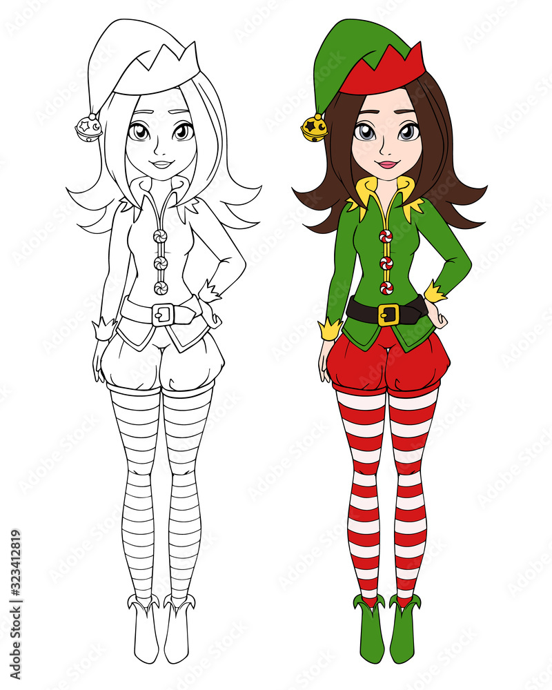 Cartoon teenage girl wearing christmas elf costume. Contour picture for coloring book or paper doll.