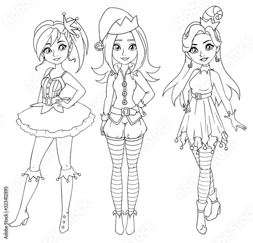 Three teenage girls wearing christmas elf costume. Contour picture for coloring book or paper doll. Hand drawn vector illustration.