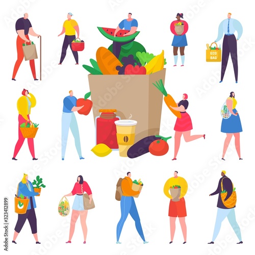 Eco friendly shopping people with paper box full of organic vegetables vector...