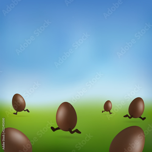 Chocolate egg 3D Happy Easter. Brown Easter running eggs, blurred green grass field, blue sky meadow background. Design frame border for hunt decoration Delicious holiday dessert. Vector illustration