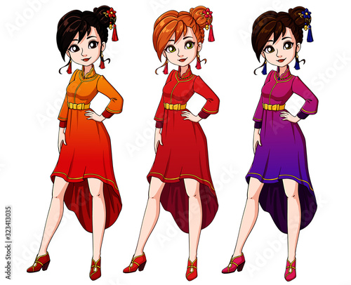 Cute cartoon girl wearing chinese traditional dress. Hand drawn illustration set. Vector art. Isolated on white background.