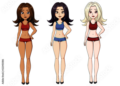 Cute cartoon girl wearing underwear. Three different colors set. Hand drawn vector illustration. Can be used for coloring book, children book pages, paper doll, mobile games etc.